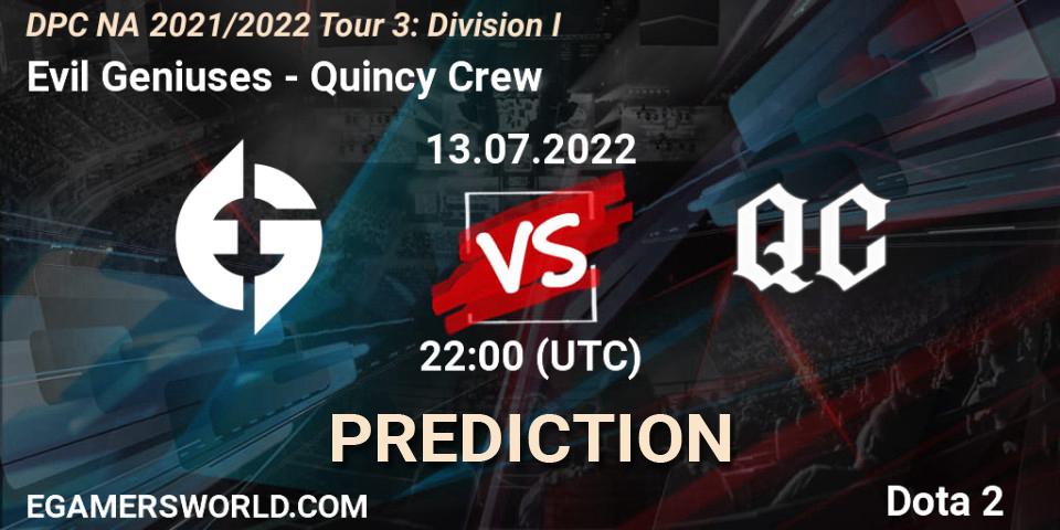 Prognose für das Spiel Evil Geniuses VS Quincy Crew. 13.07.22. Dota 2 - DPC NA 2021/2022 Tour 3: Division I