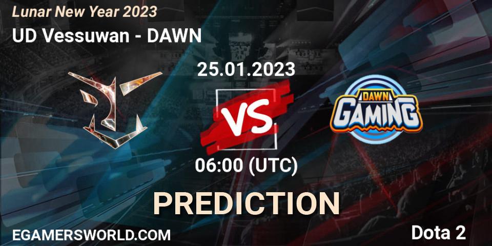 Prognose für das Spiel UD Vessuwan VS DAWN. 25.01.23. Dota 2 - Lunar New Year 2023
