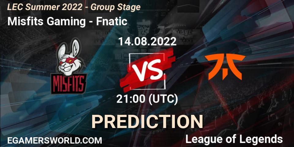 Prognose für das Spiel Misfits Gaming VS Fnatic. 14.08.22. LoL - LEC Summer 2022 - Group Stage
