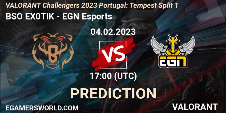 Prognose für das Spiel BSO EX0TIK VS EGN Esports. 04.02.23. VALORANT - VALORANT Challengers 2023 Portugal: Tempest Split 1