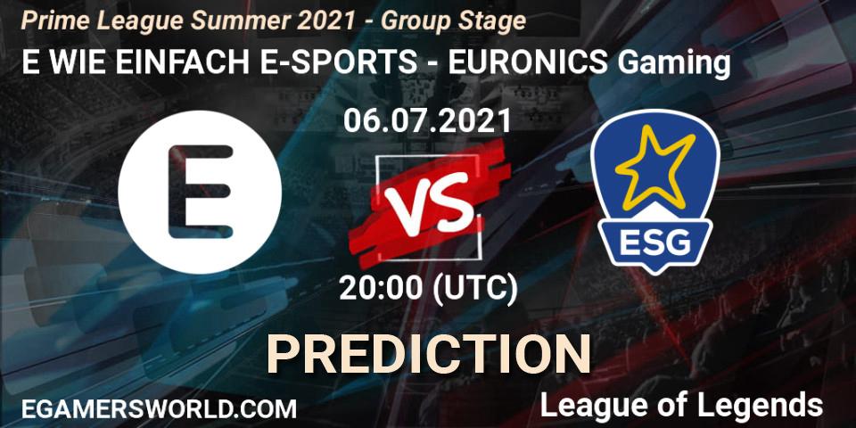 Prognose für das Spiel E WIE EINFACH E-SPORTS VS EURONICS Gaming. 06.07.21. LoL - Prime League Summer 2021 - Group Stage