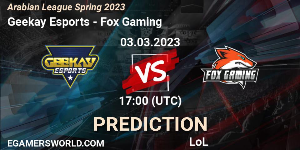 Prognose für das Spiel Geekay Esports VS Fox Gaming. 10.02.23. LoL - Arabian League Spring 2023