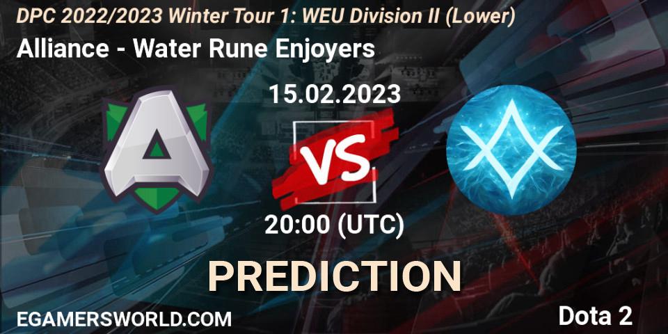 Prognose für das Spiel Alliance VS Water Rune Enjoyers. 15.02.23. Dota 2 - DPC 2022/2023 Winter Tour 1: WEU Division II (Lower)