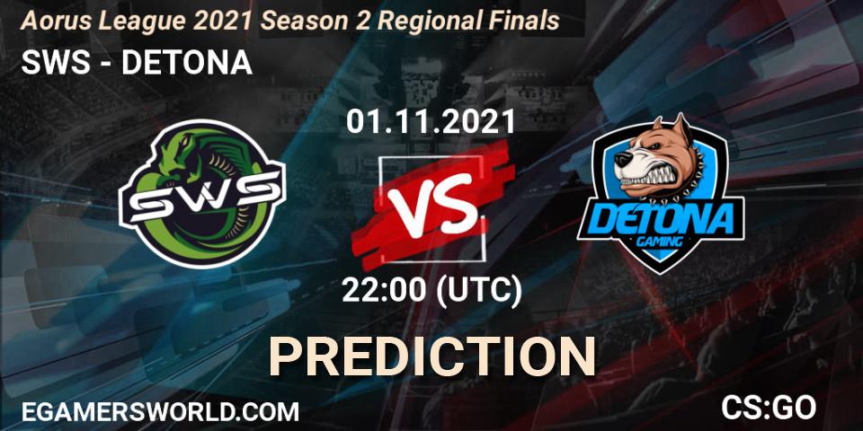 Prognose für das Spiel SWS VS DETONA. 01.11.21. CS2 (CS:GO) - Aorus League 2021 Season 2 Regional Finals