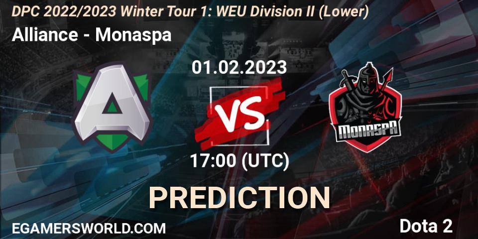 Prognose für das Spiel Alliance VS Monaspa. 01.02.23. Dota 2 - DPC 2022/2023 Winter Tour 1: WEU Division II (Lower)