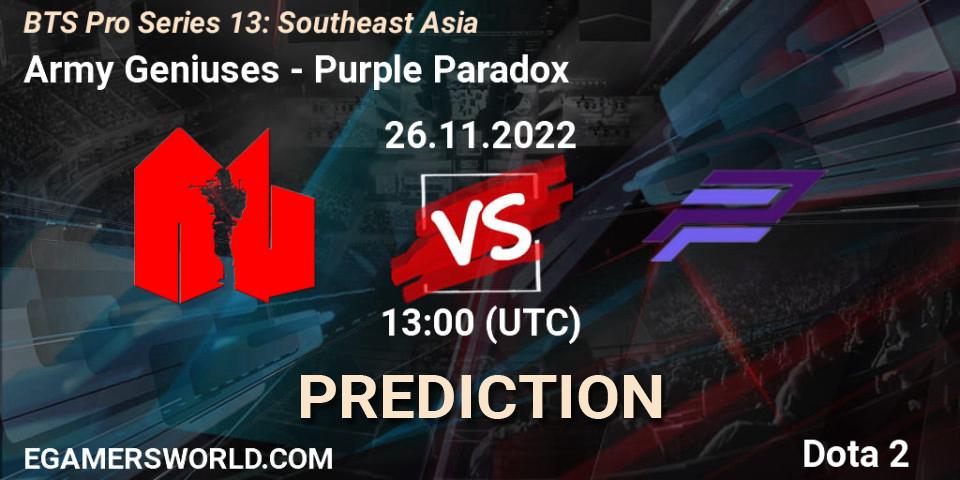 Prognose für das Spiel Army Geniuses VS Purple Paradox. 29.11.22. Dota 2 - BTS Pro Series 13: Southeast Asia