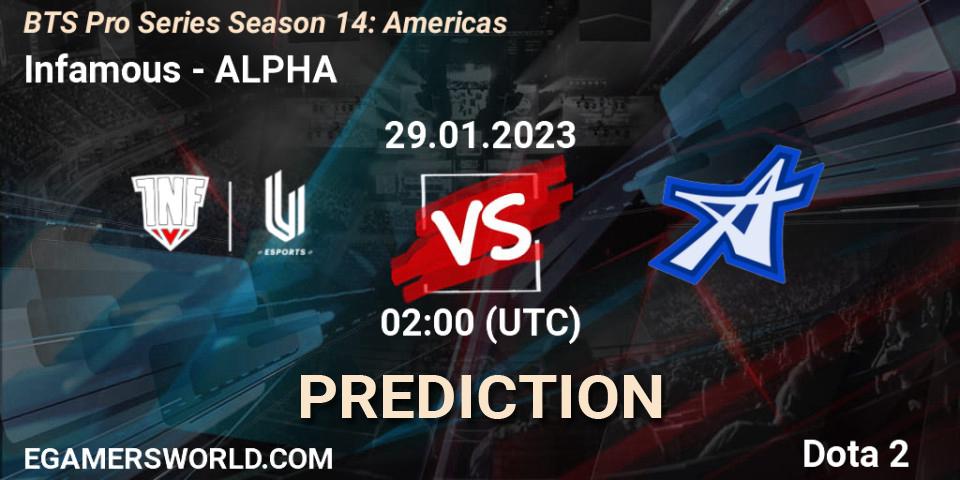 Prognose für das Spiel Infamous VS ALPHA. 29.01.23. Dota 2 - BTS Pro Series Season 14: Americas