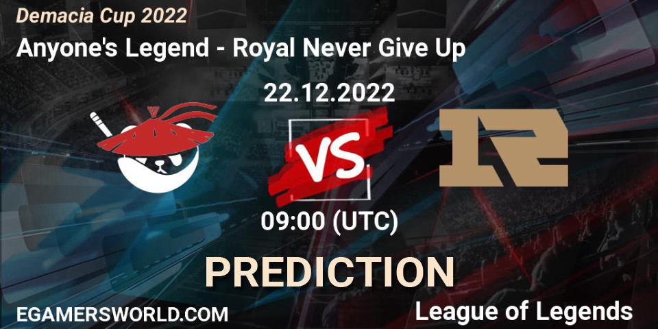 Prognose für das Spiel Anyone's Legend VS Royal Never Give Up. 22.12.22. LoL - Demacia Cup 2022