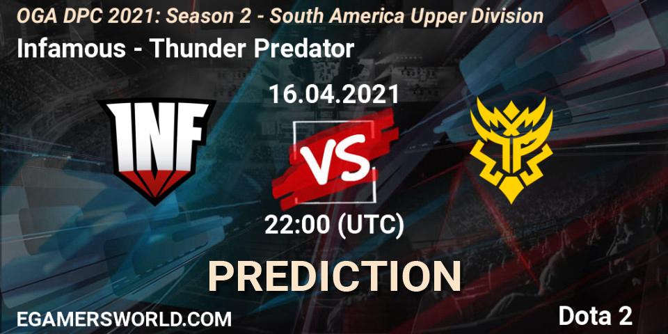 Prognose für das Spiel Infamous VS Thunder Predator. 16.04.21. Dota 2 - OGA DPC 2021: Season 2 - South America Upper Division
