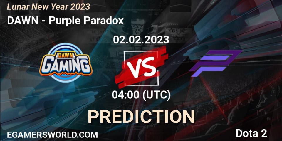 Prognose für das Spiel DAWN VS Purple Paradox. 02.02.23. Dota 2 - Lunar New Year 2023