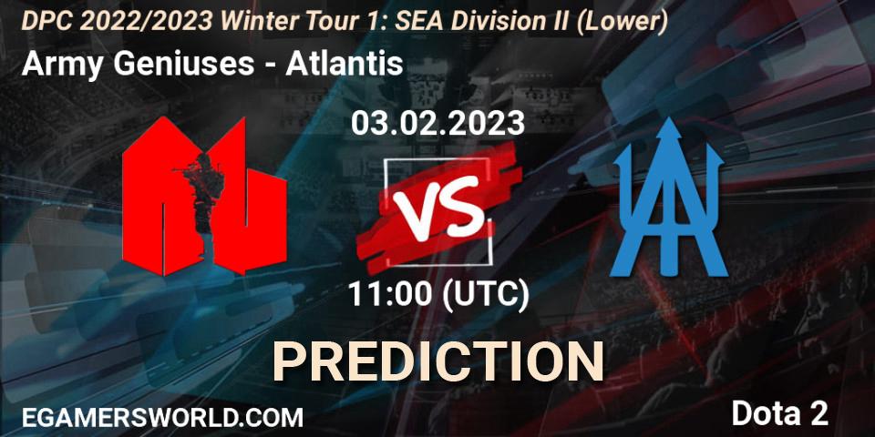 Prognose für das Spiel Army Geniuses VS Atlantis. 03.02.23. Dota 2 - DPC 2022/2023 Winter Tour 1: SEA Division II (Lower)