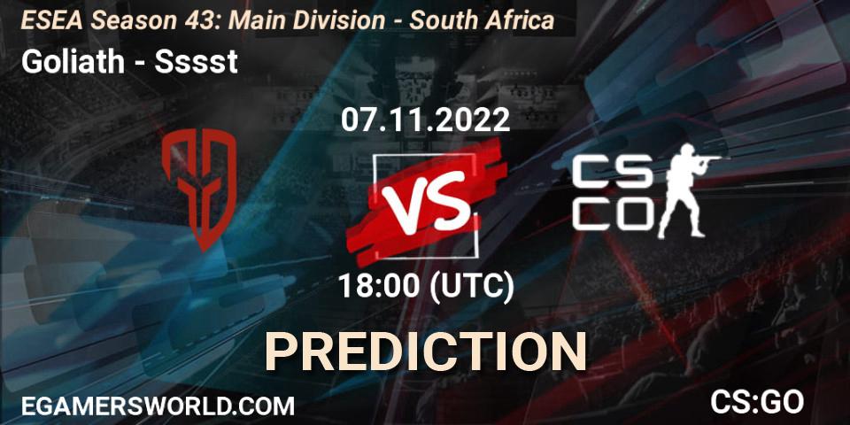 Prognose für das Spiel Goliath VS Sssst. 28.11.22. CS2 (CS:GO) - ESEA Season 43: Main Division - South Africa