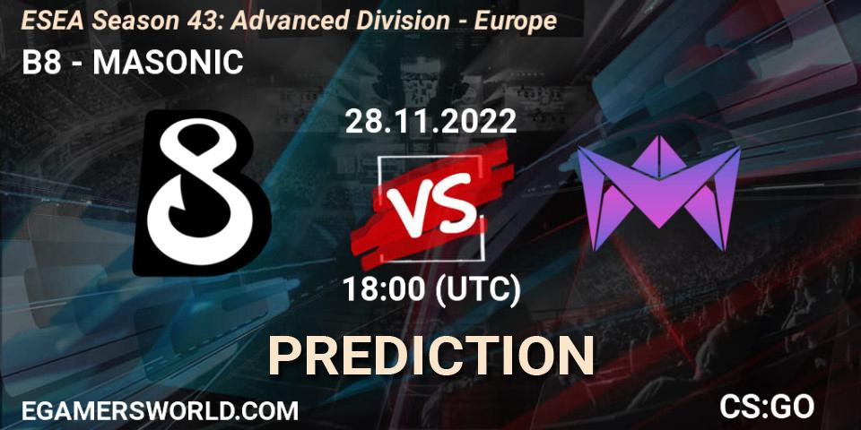 Prognose für das Spiel B8 VS MASONIC. 28.11.22. CS2 (CS:GO) - ESEA Season 43: Advanced Division - Europe