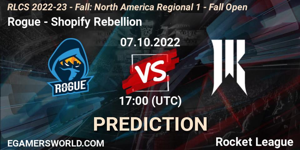 Prognose für das Spiel Rogue VS Shopify Rebellion. 07.10.22. Rocket League - RLCS 2022-23 - Fall: North America Regional 1 - Fall Open