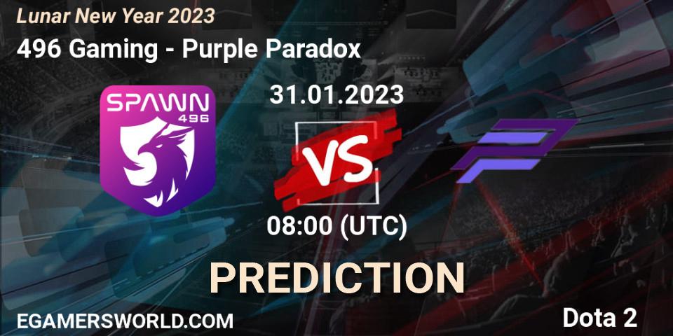 Prognose für das Spiel 496 Gaming VS Purple Paradox. 31.01.23. Dota 2 - Lunar New Year 2023