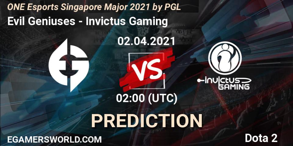 Prognose für das Spiel Evil Geniuses VS Invictus Gaming. 02.04.21. Dota 2 - ONE Esports Singapore Major 2021