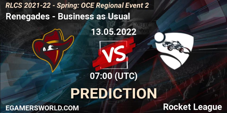Prognose für das Spiel Renegades VS Business as Usual. 13.05.22. Rocket League - RLCS 2021-22 - Spring: OCE Regional Event 2