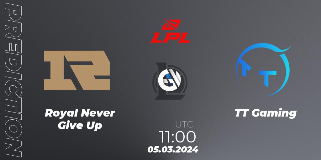 Prognose für das Spiel Royal Never Give Up VS TT Gaming. 05.03.24. LoL - LPL Spring 2024 - Group Stage