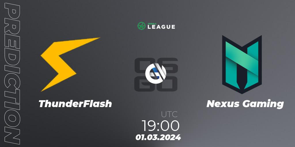 Prognose für das Spiel ThunderFlash VS Nexus Gaming. 01.03.24. CS2 (CS:GO) - ESEA Season 48: Advanced Division - Europe