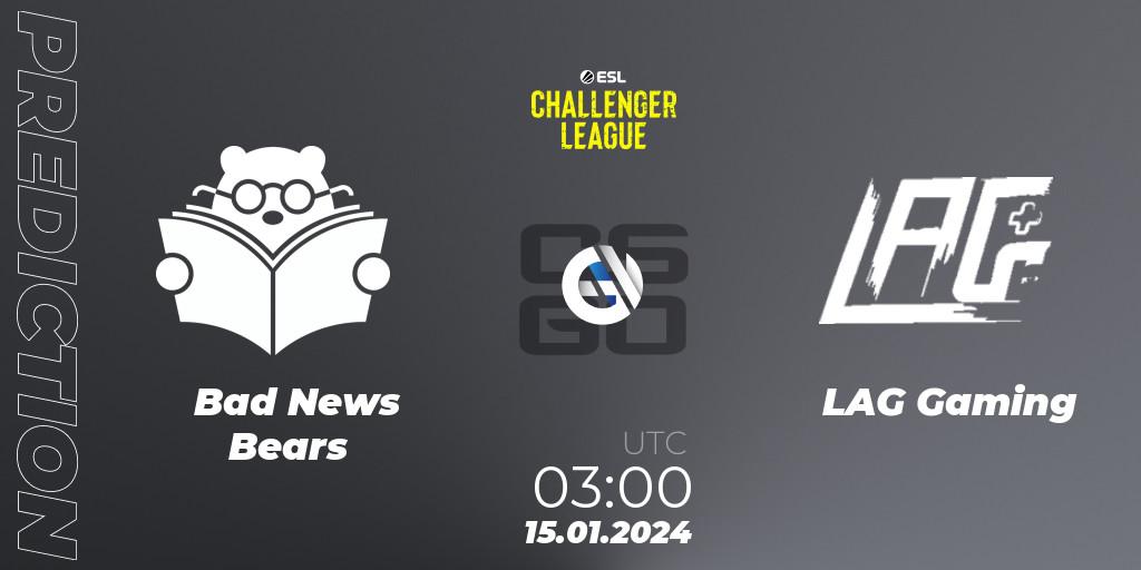 Prognose für das Spiel Bad News Bears VS LAG Gaming. 15.01.24. CS2 (CS:GO) - ESL Challenger League Season 46 Relegation: North America