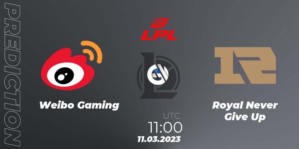 Prognose für das Spiel Weibo Gaming VS Royal Never Give Up. 11.03.23. LoL - LPL Spring 2023 - Group Stage