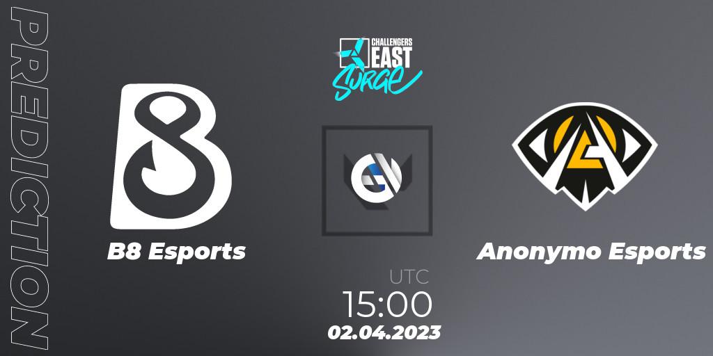 Prognose für das Spiel B8 Esports VS Anonymo Esports. 02.04.23. VALORANT - VALORANT Challengers 2023 East: Surge Split 2