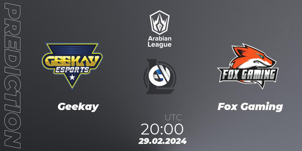 Prognose für das Spiel Geekay VS Fox Gaming. 29.02.24. LoL - Arabian League Spring 2024