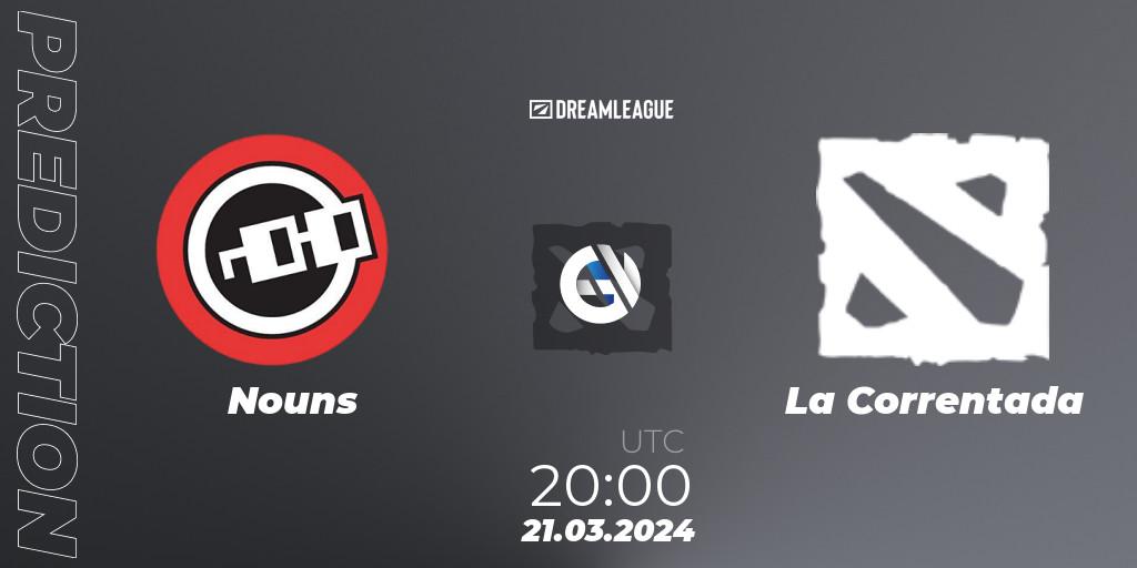 Prognose für das Spiel Nouns VS La Correntada. 21.03.24. Dota 2 - DreamLeague Season 23: North America Closed Qualifier