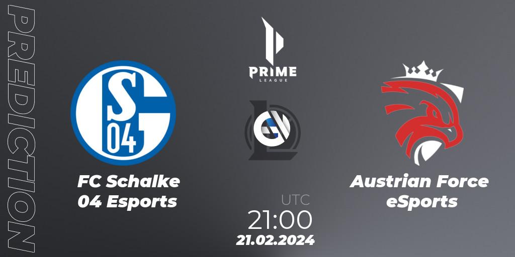 Prognose für das Spiel FC Schalke 04 Esports VS Austrian Force eSports. 21.02.24. LoL - Prime League Spring 2024 - Group Stage