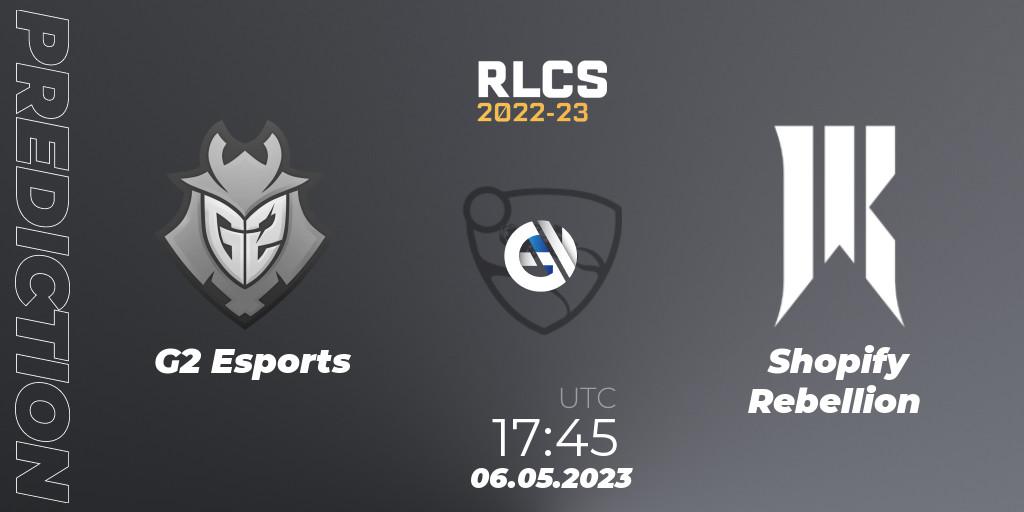 Prognose für das Spiel G2 Esports VS Shopify Rebellion. 06.05.23. Rocket League - RLCS 2022-23 - Spring: North America Regional 1 - Spring Open - Playoffs 
