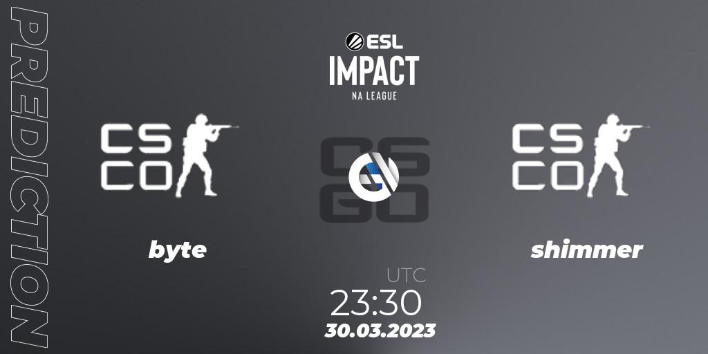 Prognose für das Spiel byte VS shimmer. 30.03.23. CS2 (CS:GO) - ESL Impact League Season 3: North American Division