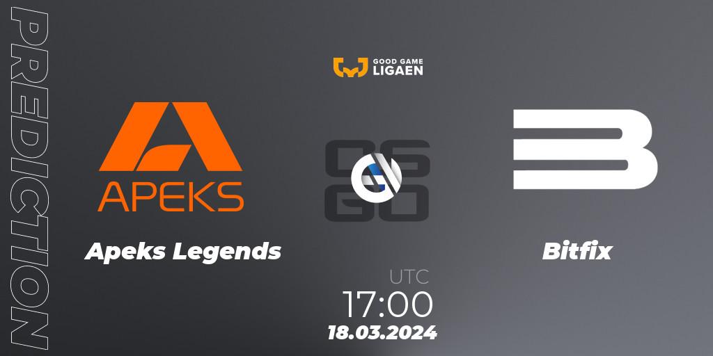 Prognose für das Spiel Apeks Legends VS Bitfix. 18.03.24. CS2 (CS:GO) - Good Game-ligaen Spring 2024