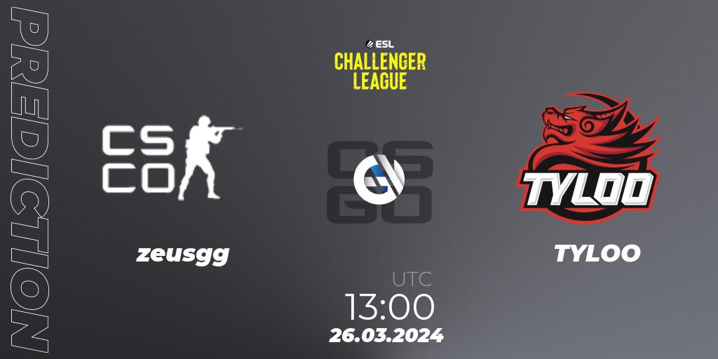 Prognose für das Spiel zeusgg VS TYLOO. 26.03.24. CS2 (CS:GO) - ESL Challenger League Season 47: Asia