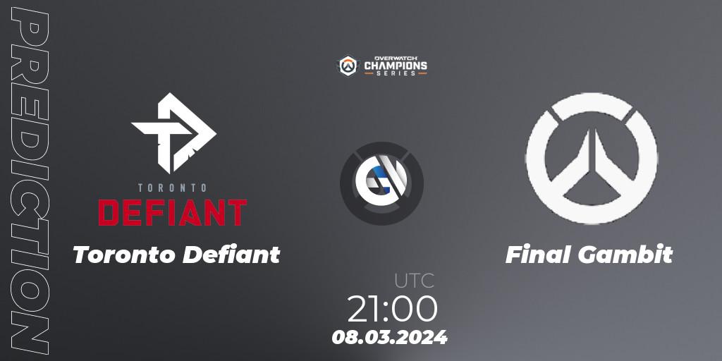 Prognose für das Spiel Toronto Defiant VS Final Gambit. 08.03.24. Overwatch - Overwatch Champions Series 2024 - North America Stage 1 Group Stage