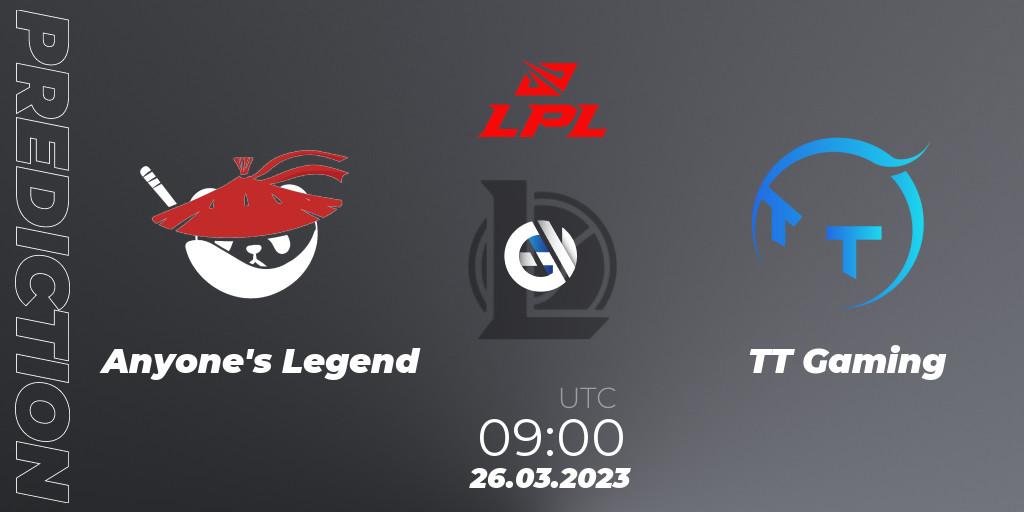 Prognose für das Spiel Anyone's Legend VS TT Gaming. 26.03.23. LoL - LPL Spring 2023 - Group Stage