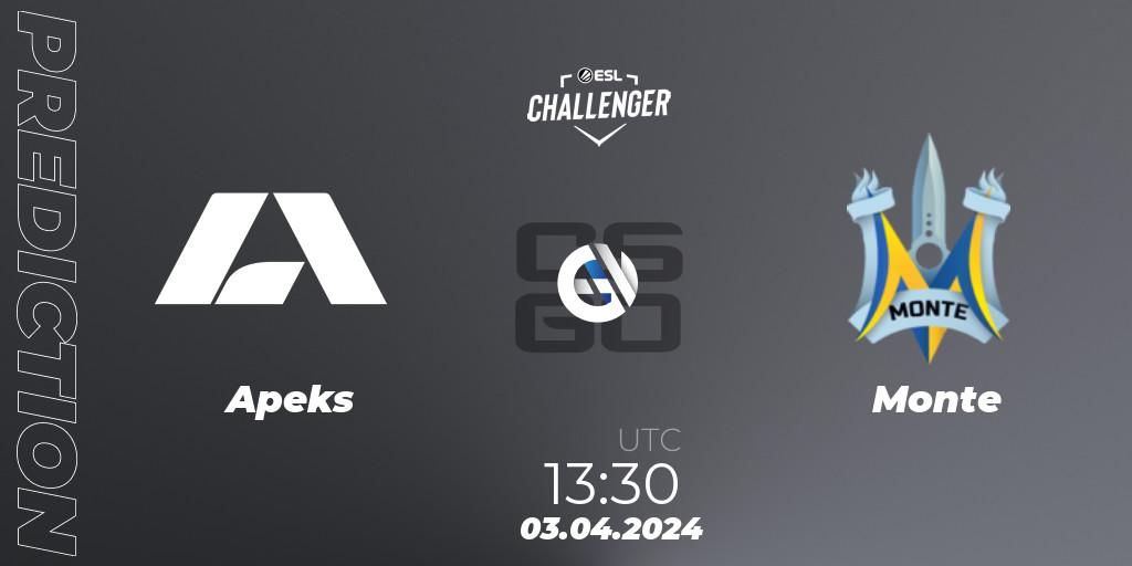 Prognose für das Spiel Apeks VS Monte. 03.04.24. CS2 (CS:GO) - ESL Challenger #57: European Closed Qualifier