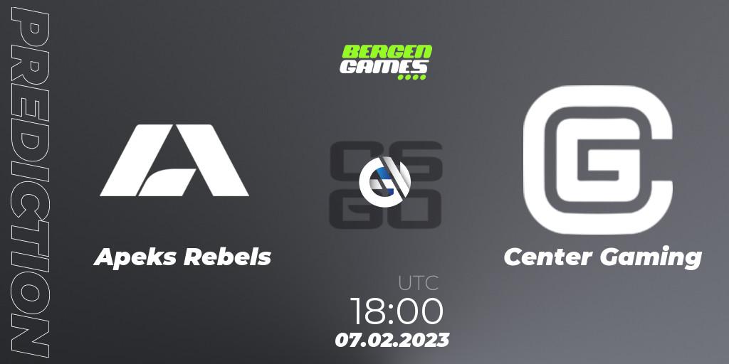 Prognose für das Spiel Apeks Rebels VS Center Gaming. 07.02.23. CS2 (CS:GO) - Bergen Games 2023: Online Stage