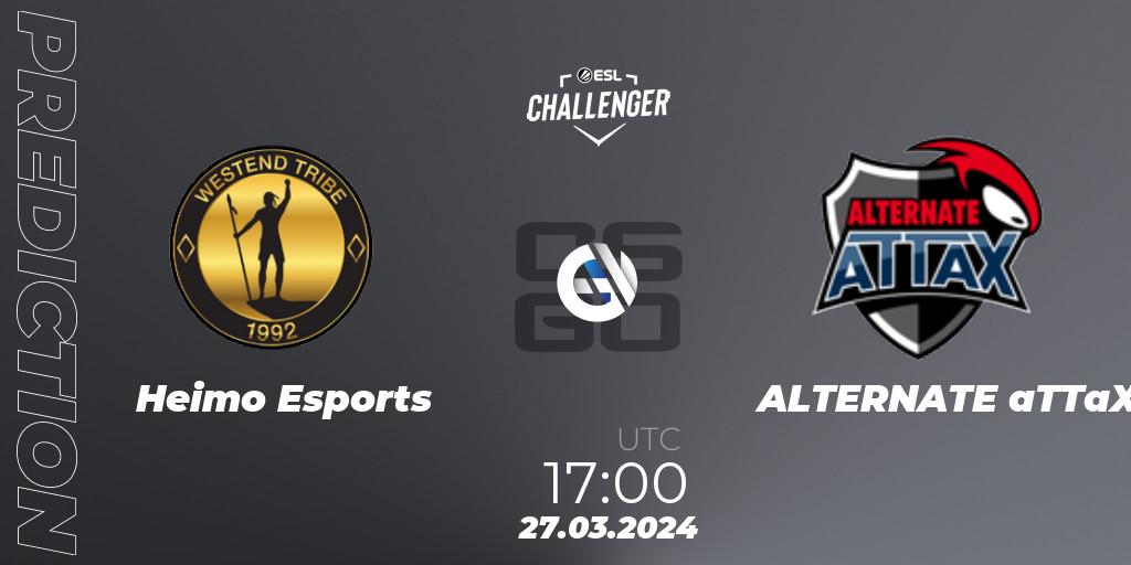 Prognose für das Spiel Heimo Esports VS ALTERNATE aTTaX. 27.03.24. CS2 (CS:GO) - ESL Challenger #57: European Open Qualifier